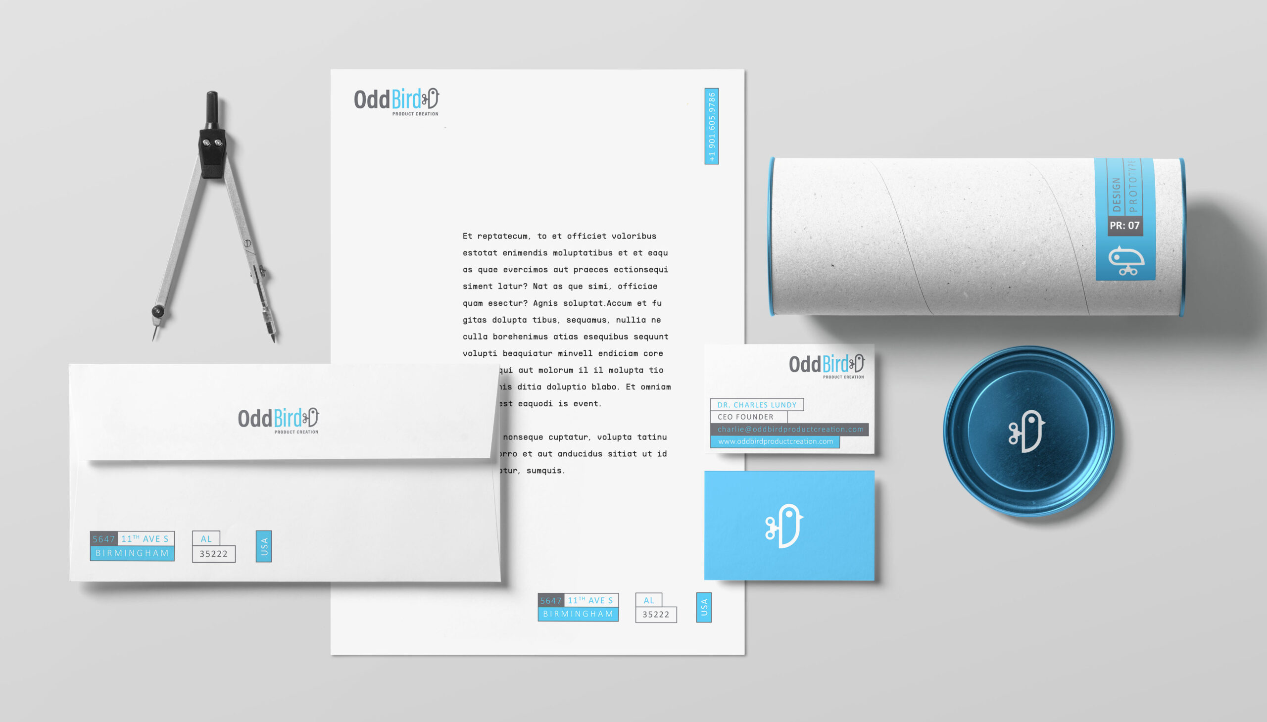 Oddbird Letterhead, envelope, business card and mailing tube