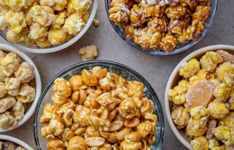 Candied popcorn in small bowls.